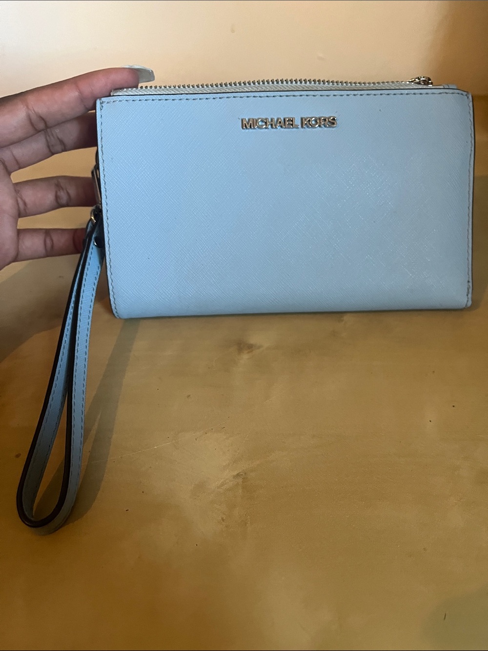Michael Kors Light Blue Saffiano Leather Wristlet with Silver Logo